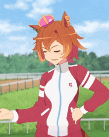 a girl with a crown on her head is wearing a red and white jacket