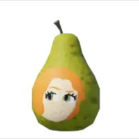 a green pear with a drawing of a woman 's face on it