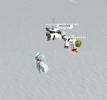 a screenshot of a video game shows a robot and a person with the name teeharribel