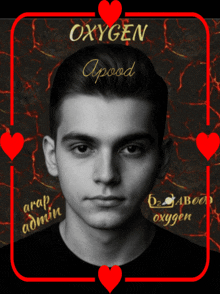 a black and white photo of a young man with the words oxygen apood written above him