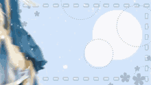 a blue background with a white circle in the middle and flowers on it