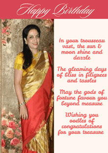 a happy birthday card with a woman in a red and gold sari