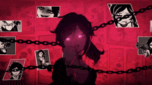 a girl with purple eyes and chains around her