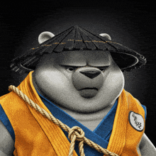 a cartoon bear wearing a straw hat and a blue and yellow vest with chinese writing on it
