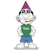 a cartoon character wearing a party hat and a shirt that says yes