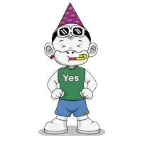 a cartoon character wearing a party hat and a shirt that says yes