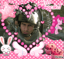 a picture of a man in a helmet with the words sweet cupcake