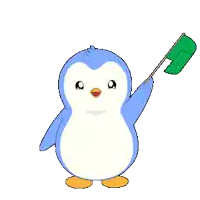 a penguin holding a green flag in its hand