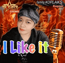 a woman stands in front of a microphone with the words i like it on the bottom