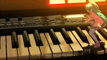 a girl with green hair is standing on a piano keyboard with the words but now we cannot come up with anything