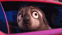 a cartoon sloth is looking out the window of a pink car .
