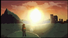 a cartoon of a person standing in front of a sunset