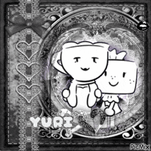 a black and white drawing of two cartoon characters with the name yuri on it