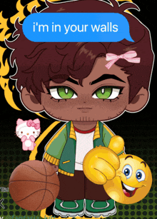 a cartoon character holding a basketball and a hello kitty
