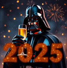 darth vader is holding a glass of champagne and the number 2025 is behind him