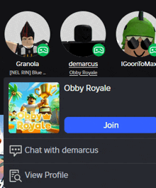 a screenshot of a game called obby royale with a blue button that says join