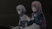 two anime girls are standing next to each other holding hands