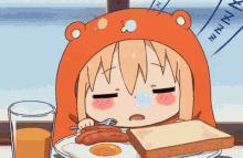 a cartoon of a girl eating eggs and toast with a glass of orange juice in the background