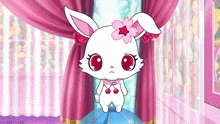 a white rabbit with a pink flower on its head stands in front of a pink curtain