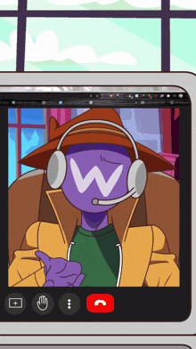 a cartoon character wearing a hat and headphones with a w on his face