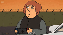 a cartoon of a man holding a nintendo switch with creepy written below him