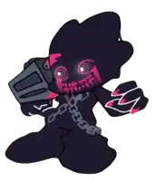 a cartoon character with a chain around his neck and a bucket in his hand .