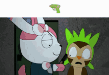 a cartoon of a rabbit and an owl with a green gun