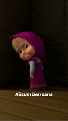 a cartoon character in a purple dress is standing in a dark room