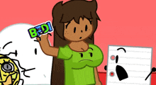 a woman in a green shirt is holding up a sticker that says bedi