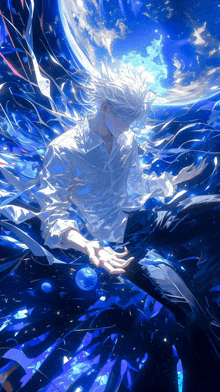 a man in a white shirt and black pants is floating in space