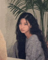 a woman in a grey sweater is sitting in front of a plant