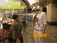 a man with a cartoon face on his head is standing next to a woman with other smemecoin written on the bottom