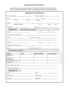 a black and white application form worksheet for an employment application