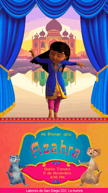 an invitation for a child 's first birthday shows a cartoon girl dancing in front of a blue curtain
