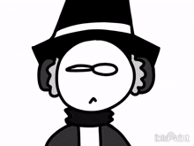 a black and white drawing of a man with a hat and a scarf