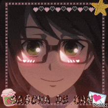 a picture of a girl wearing glasses and the name sascha de can