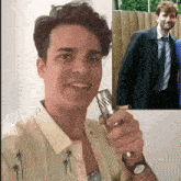 a man holding a microphone next to a picture of a man in a suit and tie