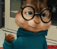 a cartoon chipmunk wearing glasses and a blue sweater .