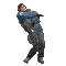 a man in a blue jacket and jeans is dancing in a pixel art style .