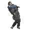a man in a blue jacket and jeans is dancing in a pixel art style .