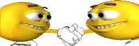two yellow smiley faces shaking hands with each other on a white background