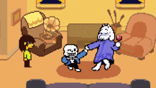 a pixel art drawing of a skeleton holding hands with a goat