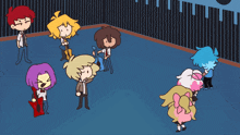 a group of cartoon characters standing in a room with a piano in the background