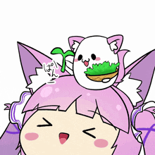 a cartoon drawing of a girl with a white cat on her head