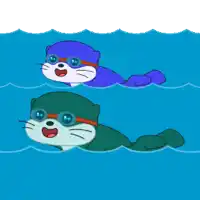 two cartoon cats wearing goggles are swimming in the water