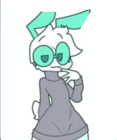 a cartoon rabbit wearing a turtleneck sweater and glasses .