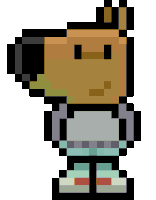 a pixel art drawing of a person wearing a gray shirt and blue pants .