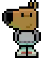 a pixel art drawing of a person wearing a gray shirt and blue pants .