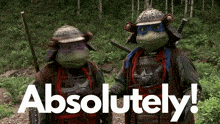 two teenage mutant ninja turtles standing next to each other with the words " absolutely " in white letters