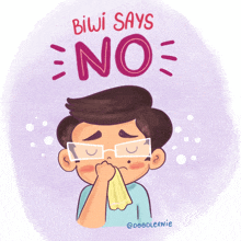 a cartoon of a man blowing his nose with the words biwi says no